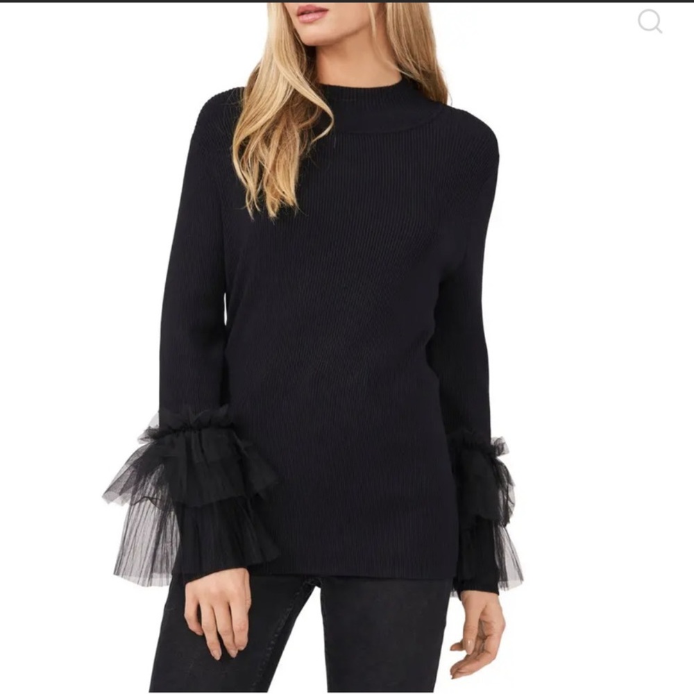 NWT Vince Camuto Tulle & Ruffle Mock Neck Black Sweater